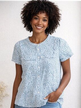 Lucky Brand Blue & White Floral Shirt Size S Boho Cottage-core Country Feminine